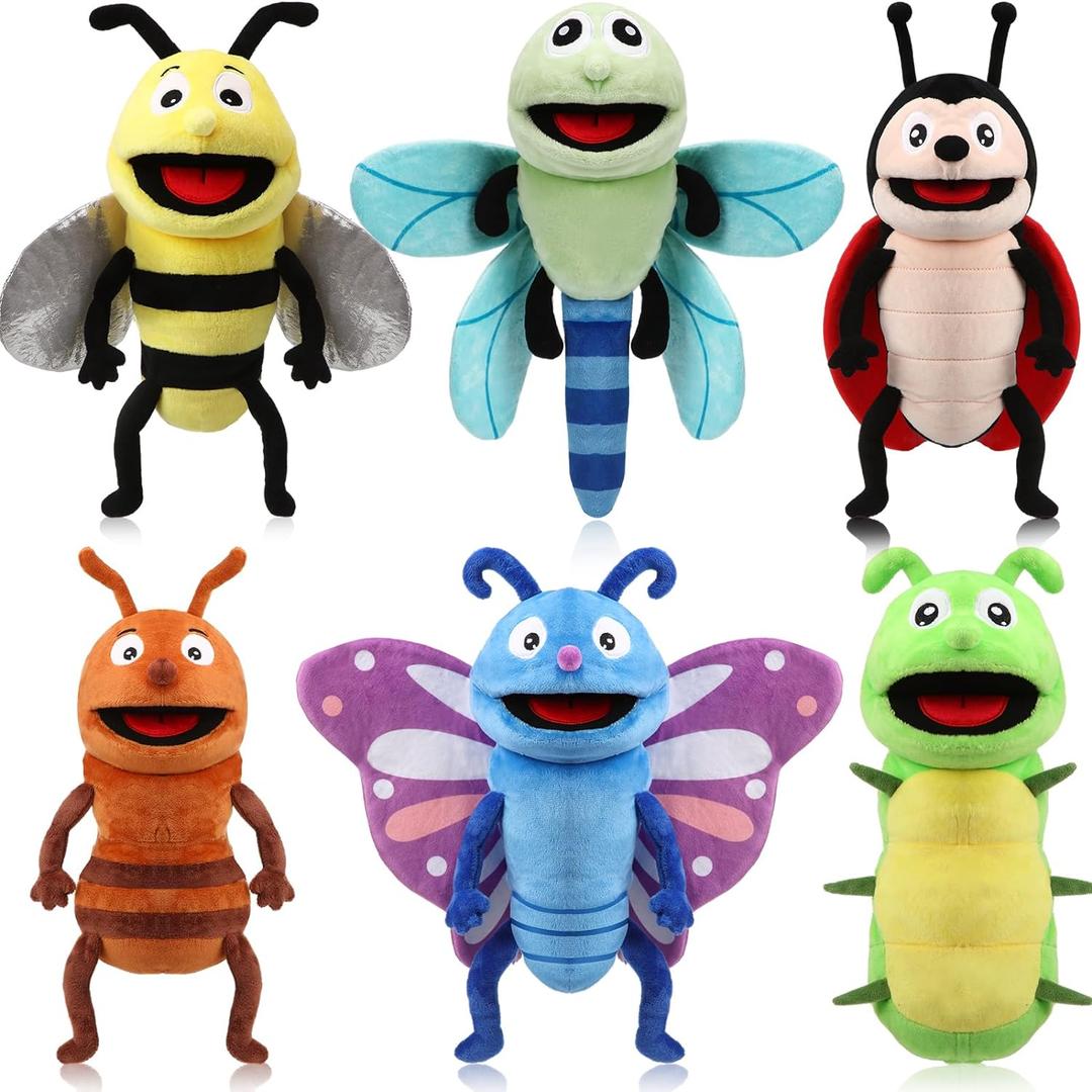 Lenwen 6 Pcs Animal Hand Puppets Bulk with Working Mouth 10 Inches Plush Puppets for Toddlers Kids Storytelling Imaginative Role Play Show Birthday Party Gifts(Insect)