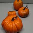 Winlyn 4 Pcs Rustic Elegant Harvest Orange Artificial Pumpkins, 5" Round, Realistic Foam Pumpkins for Fall Autumn Decor, Office Home Office, Halloween Thanksgiving Table Centerpiece (Orange and Black)