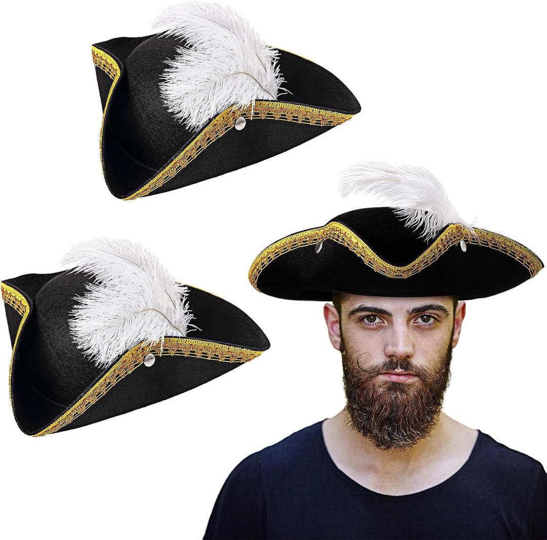 Liitrsh 2 Pcs Tricorn Pirate Hat with Feather, Buccaneer Colonial Hat for Adults Renaissance Costume for Halloween Party (Black and White)