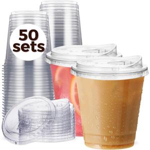 12 oz Clear Plastic Cups with Straw less-Sip-Lids, 50 Sets Disposable Cups Plastic Iced Coffee Cups, To Go Cups with Sip Through Lids for Smoothie, Milkshake, Cold Drinks for Party, Wedding, Event