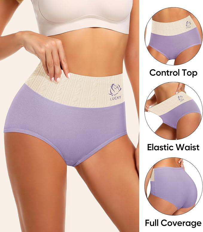 Women's Cotton Underwear High Waisted Tummy Control Soft Stretch Briefs Full Coverage Panties 4 Pack, L