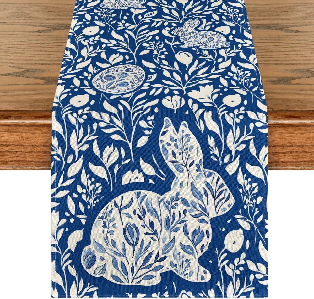 Artoid Mode Bunny Rabbit Wild Weeds Easter Table Runner, Seasonal Spring Kitchen Dining Table Decoration for Home Party Decor 13x90 Inch (Blue)