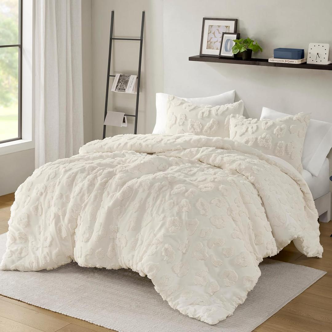 Intelligent Design Queen Duvet Cover Set Chenille Tufted Animal Print Pattern Duvet Cover Queen Size, All Season Fuzzy Bedding Cover, Soft Microfiber Reverse, Larissa, Full/Queen Off-White 3 Piece