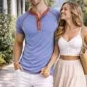 AlRithms Men's Short Sleeve Henley T-Shirt (US, Alpha, Medium, Regular, Regular, Light Blue)