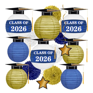 Gilprop 15 Pcs Blue and Gold Graduation Decoration 2026 Paper Lanterns Graduation Party Decorations Hanging Round Paper Lanterns with Black Grad Hat Tassel for Congratulation Grad Decorations