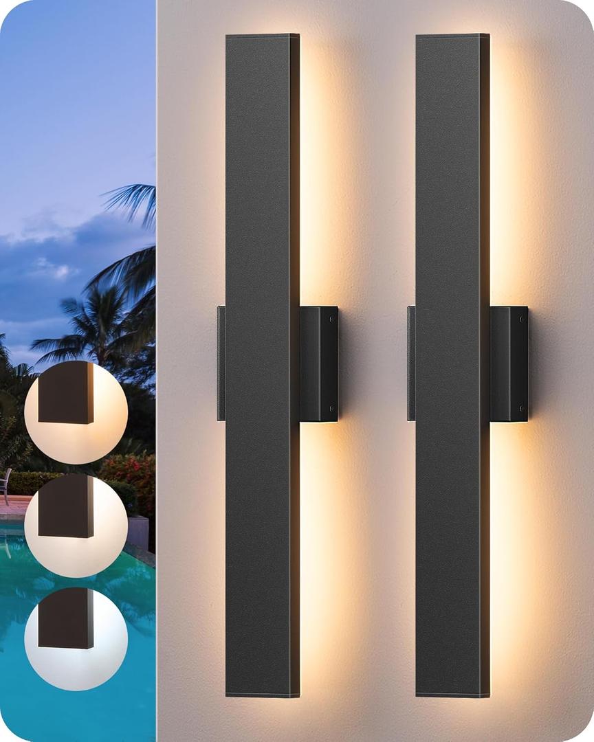 EDISHINE 23.6" Modern Outdoor Wall Lights, 3CCT & 10%-100% Dimmable, IP65 Waterproof, LED Exterior Lighting Fixtures, Linear Outdoor Wall Sconce for Porch, Patio, 2 Pack, Black