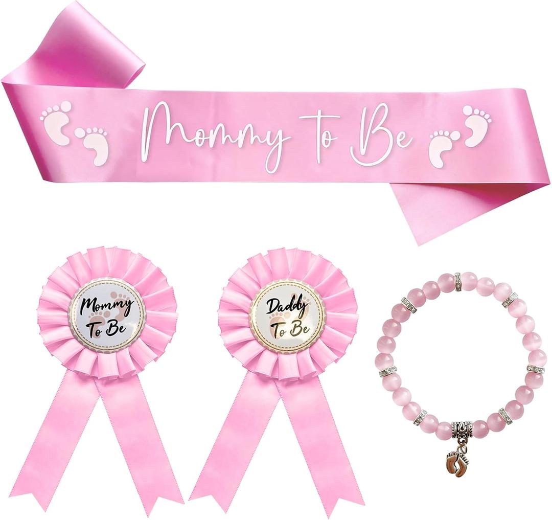 Mommy to Be Sash and Pin Set - Pink Baby Shower Decorations for Girl with Bracelet Keepsake - 4Pcs Gender Reveal Party Supplies for Mom Dad