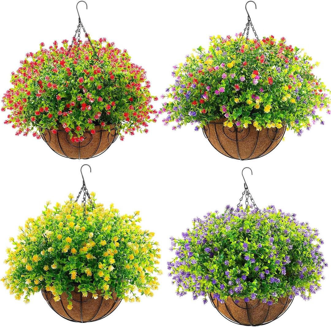 Lyrow 4 Pack Artificial Hanging Flowers with Baskets Outdoors Faux Flowers with 12 Inch Coconut Lining Baskets Realistic Artificial Hanging Plants for Patio Lawn Garden Decor