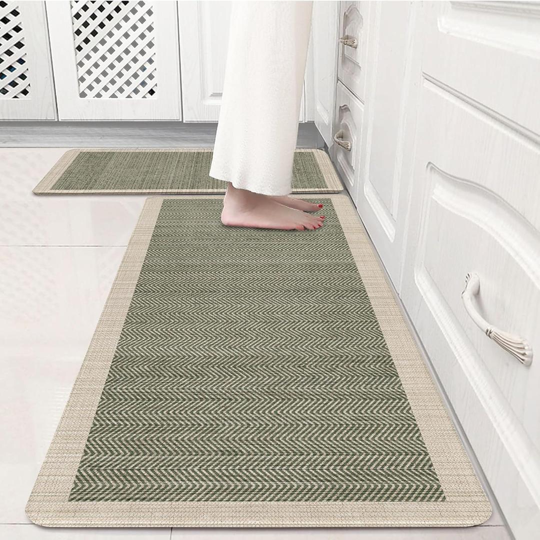 Sage Green Vintage Boho Elegance Kitchen Rug Sets [2 PCs], Anti-Fatigue, Waterproof Non-Slip Kitchen Mats Heavy Duty Comfort Foam Rug for Kitchen, Floor, Laundry,17"x29"+17"x47"