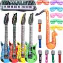 OuMuaMua Inflatable Rock Star Toy Set, 18 Pack Inflatable Party Props - 4 Inflatable Guitar, 6 Microphones, 6 Shutter Shading Glasses, 1 Saxophone and 1 Inflatable Keyboard Piano Inflatable Rock Toys