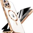 Magnetic for iPhone 16 Pro Max Case with Privacy Screen Protector & Full Camera Cover,[Non-Yellowing] Plating Glossy Soft Shockproof Clear Phone Case with MagSafe Women Girls for 16 ProMax,Gold