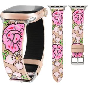 Moolia Floral Leather Band Compatible with Apple Watch Band 42/41/40/38/46/45/44/49mm Women, Cute Romantic Vintage Rose Pattern Strap for iWatch Series 11 10 9 8 7 6 5 4 3 2 1 SE/Ultra(1/2/3)