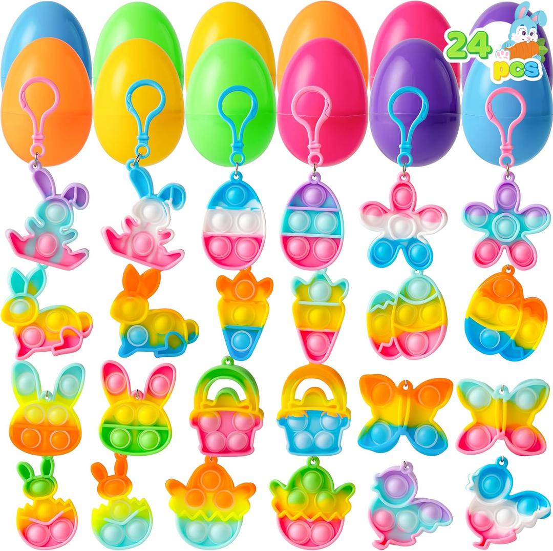 JOYIN 24 Pcs Prefilled Easter Egg with Mini Pop Fidget Bubble Keychain for Kids, Fidget Sensory Stress Relief Toy for Basket Stuffers, Easter Egg Hunt, Party Favors