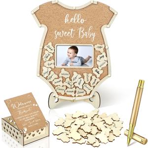 Wenqik 63 Pcs Baby Shower Guest Book Alternatives Set Baby Shower Decorations with Photo Frame Sonogram Frame Keepsake 60 Wood Slices Guest Book for Birthday(Bodysuit)