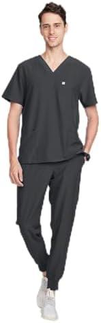 Uniforms World Louis Scrubs Set for Men — Classic V-Neck Stretch Top & Jogger Pants Yoga Waistband, 8 Pockets, Slam Fit, X-Small Petite