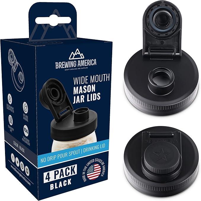 Mason Jar Lids Wide Mouth Plastic 4 pack-USA Made-Flip Cap Screw Top Pour Spout Drink Hole - Leak-proof for Ball, Kerr, Azure Canning Jars - Airtight for Drinks to Go and Controlled Pouring - Black