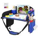 Kids Travel Tray, Kids Travel Trays for Car Seat, Road Trip Essentials for Toddler, Carseat Lap Tray with Dry Erase Board & Storage Organizer for Road Trip Activities for Kid, Blue