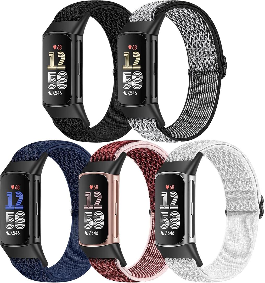 5 Pack Elastic Nylon Watch Bands Compatible for Fitbit Charge 6/Fitbit Charge 5, Adjustable Breathable Replacement Stretchy Nylon Loop Wristband Sport Strap for Women Men (Black+Grey+Midnight Blue+Wine Red+White)