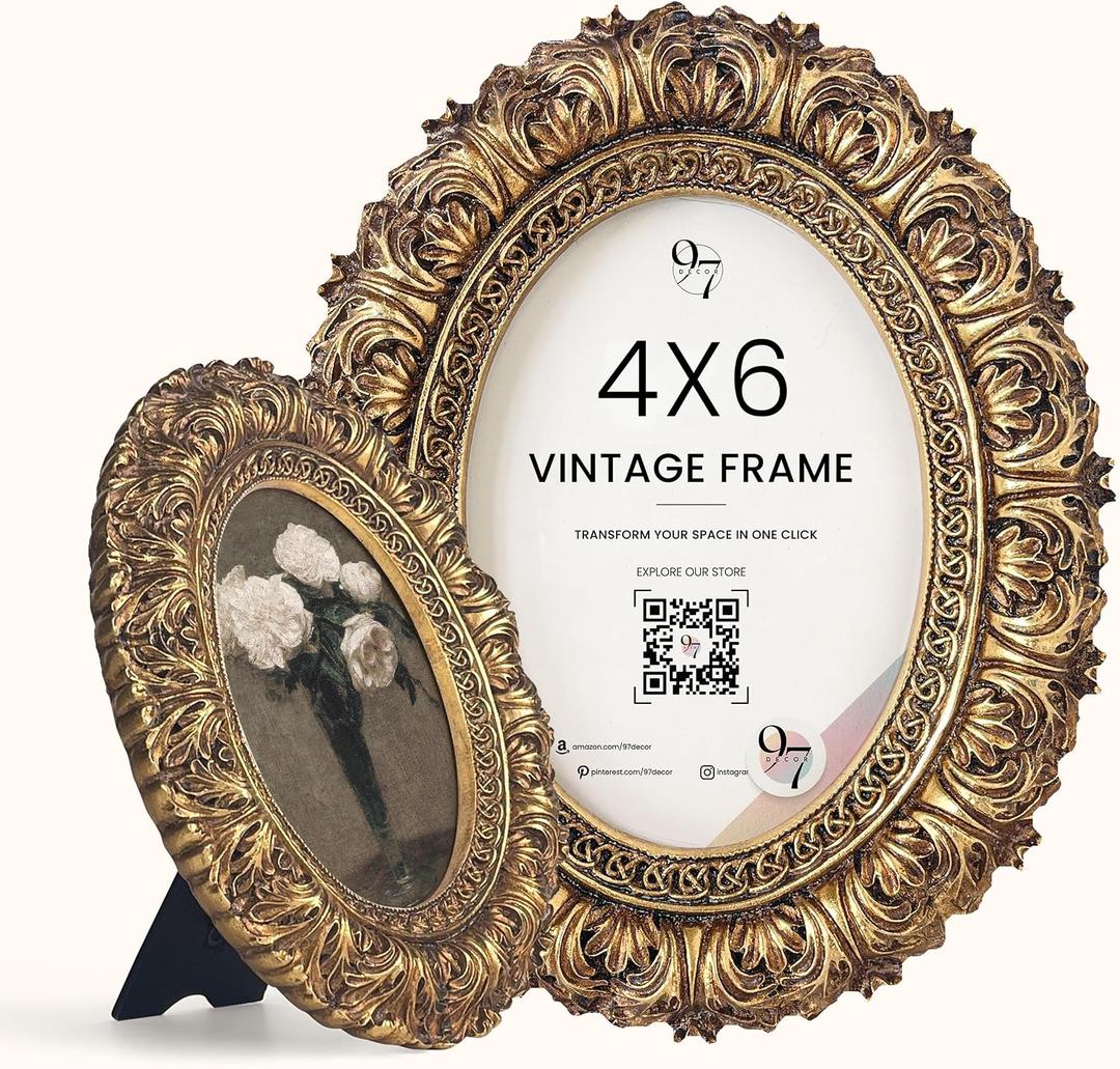 97 Decor 4x6 Oval Picture Frame - Vintage 4 x 6 Picture Frames Gold, Rustic 4 x 6 Gold Frame, Ornate Photo Frame 4 By 6 Picture Frame For Tabletop And Wall Hanging