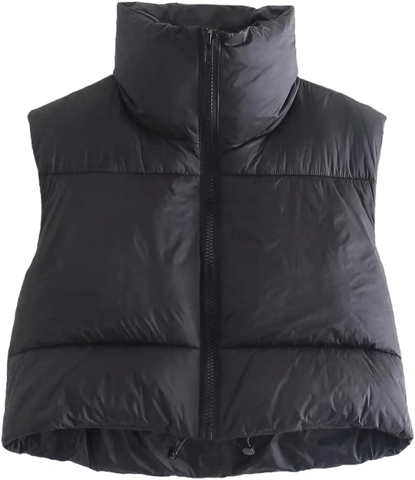 KEOMUD Women's Winter Crop Vest Lightweight Sleeveless Warm Outerwear Puffer Vest Padded Gilet (Black), S