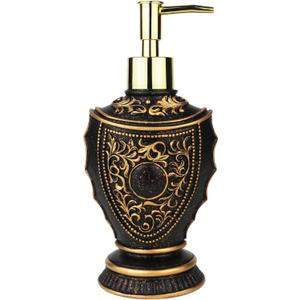 Vintage Soap Dispenser with Baroque Decor - Resin - Black and Gold Painted Lotion Dispenser for Bathrooms, Kitchen Counters, Beauty Shops, Hotels (10 oz/300 ml, Black & Gold)