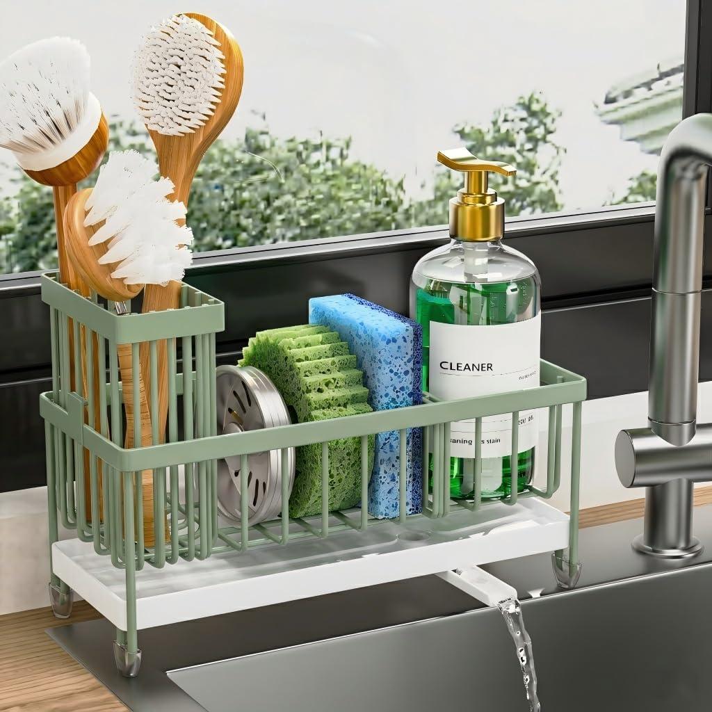 Cisily Sponge Holder for Kitchen Sink, Sink Caddy Organizer with High Brush Holder, Kitchen Countertop Organizers and Storage Essentials, Rustproof 304 Stainless Steel (Sage Green, 9.25)