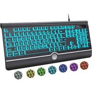 KOPJIPPOM Large Print Backlit Computer Keyboard, USB Full Size Wired Keyboards with 7-Colors Backlight, Wrist Rest, Light Up Keyboard for Windows, PC, Laptop - Easy to See, Easy to Setup (Black)