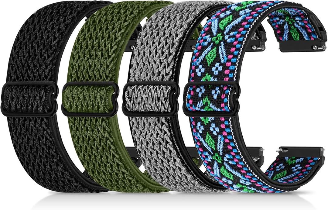 4 Pack 20mm Elastic Nylon Bands Compatible with Garmin Vivoactive 6/5/3, Garmin Venu/Venu 2 Plus/Vivomove 3, Amazfit Bip 3/Bip 3 Pro, Quick Release Smart Watch Band for Amazfit Active 2 (Black+Gray+Green+BohemianBlue)