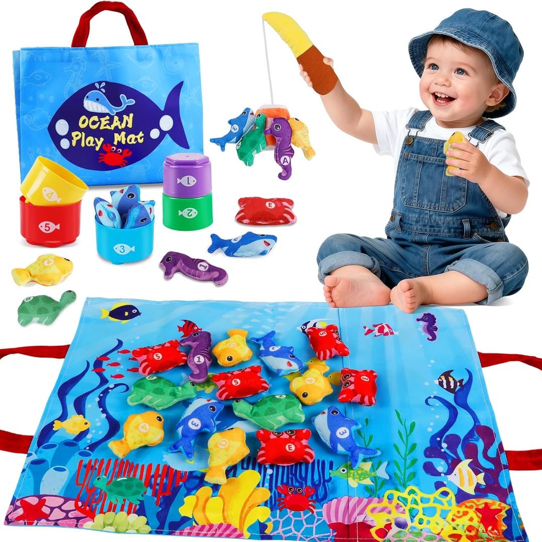 Montessori Toys for 1-2 Year Old - Cloth Ocean Fishing Game with Stacking Cups, Toddler Learning Toy for 12-18 Months, First Birthday Gifts for 1 Year Old Boy Girl, Learn Count and Sort Colors