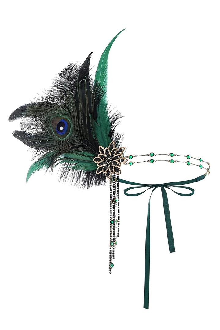 BABEYOND 1920s Women Feather Crystal Headband 20s Flapper Gatsby Headpiece (Dark Green)