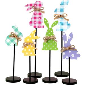 6 Pcs Easter Bunny Wooden Table Decor Farmhouse Rabbit Tabletop Centerpiece Sign Spring Farmhouse Standing Wood Block for Home Table Mantel Office Desk Easter Spring Party Decorations Supplies