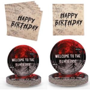 72pcs Party Plates and Napkins, include 2 Sizes 48pcs Welcome to The Other Side Plates & 24pcs Napkins Funny Spooky Theme Tableware Favors Party Supplies for Kids Adults Birthday Decoration Supplies
