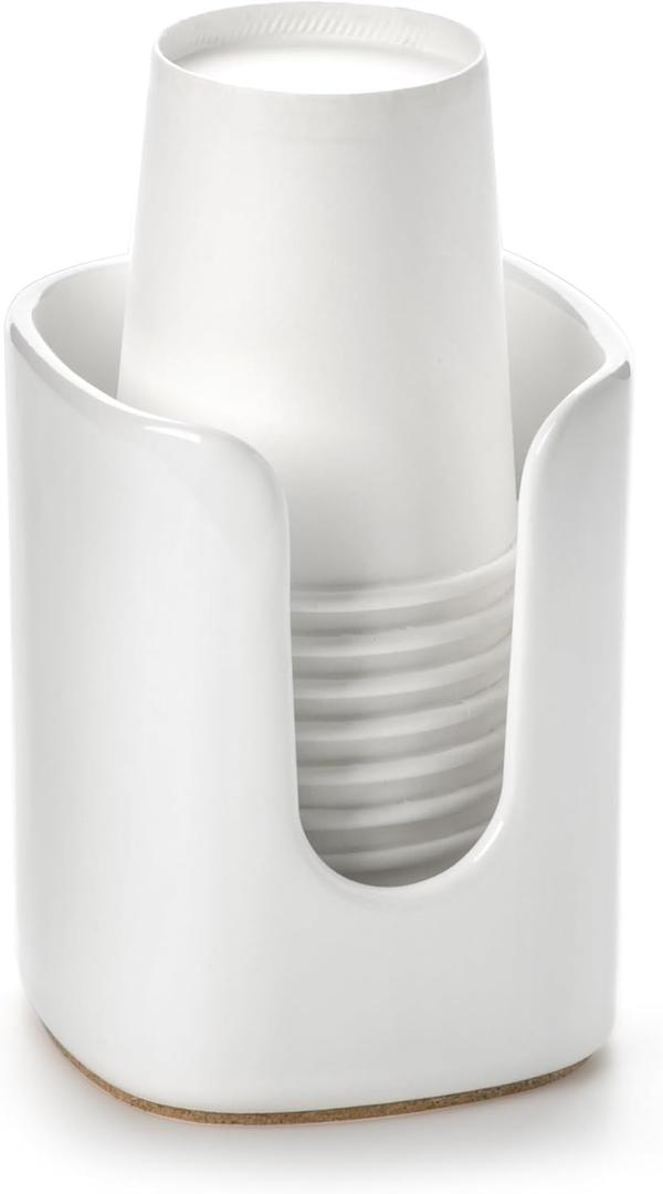 5 oz Square Ceramic Bathroom Cup Dispenser for Kids and Pregnancy - Disposable Paper Cup Holder for Mouthwash Cups on Bathroom Vanity Countertop (1 Pack, White)