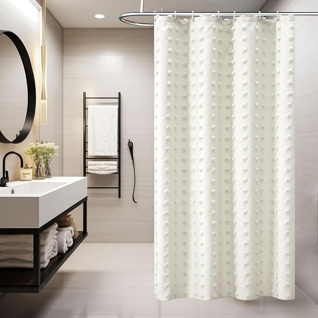 Small Stall Ivory Boho Shower Curtain Woven Fabric Cute Cream Shower Curtain, 36 x 72 Tufted Pleat Floral Textured Modern Farmhouse Minimalist Shower Curtain Set with Hooks for Bathroom