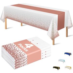OHOME 4 Pack Disposable Plastic Table Cloths,White and Rose Gold Rectangle Table Covers for Birthday Valentines Decor Pink Sweet 16 Party Decorations - Baby Shower Decorations for Girl 54" x 108"