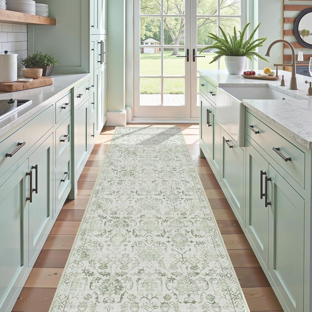 Sage 3x12 Runner Rug for Hallways Bed Side Kitchen, Boho Washable Distressed Low-Pile Floor Entryway Long Bathroom Mat, Non-Slip Laundry Room Washstand Front Carpet