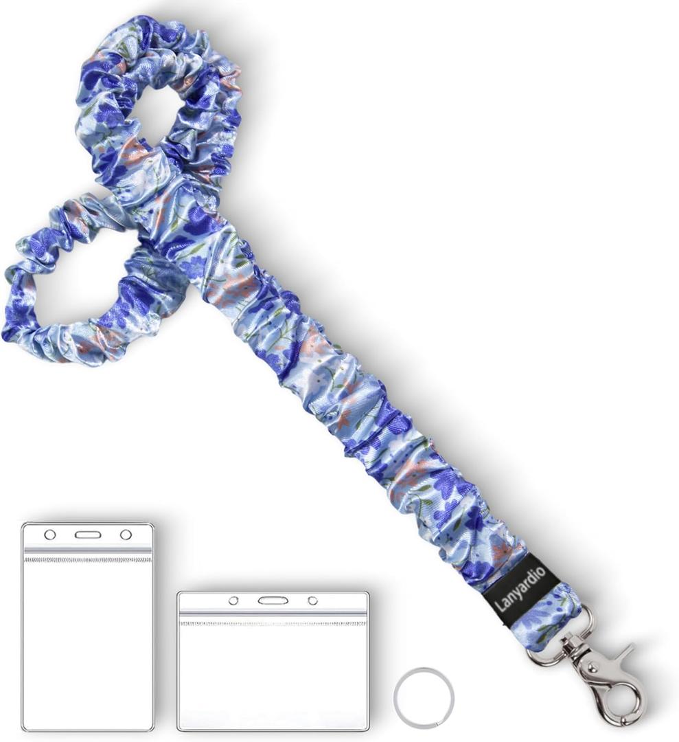 Lanyardio Stretchy Scrunchie Lanyard for ID Badges Keys, Cute Teacher Lanyard for Women with 2 Card Holders 19.6 Inch (Blue Flowers)