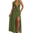Ekaliy Women's Sexy Halter Deep V Neck Maxi Dress Sleeveless Backless High Slit Ruched Long Dress Party Cocktail Dresses Green, Large, Green