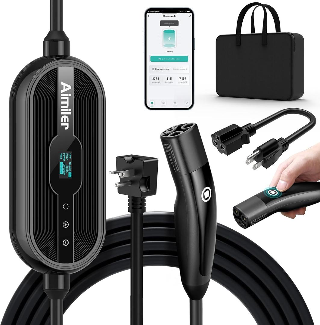AIMILER Level 1/2 Tesla Charger(WiFi APP/Plug-Play), 16A, 25ft Cable ETL Certified, 240V NEMA 6-20P Plug & 110V 5-15P Adapter, NACS Connector, Portable Electric Car EV Charger (Black)
