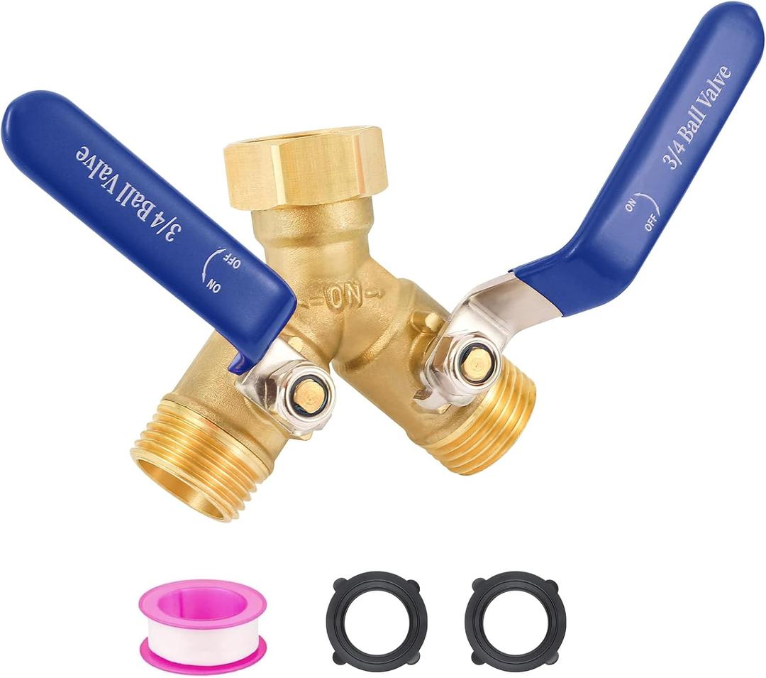 2 Way Garden Hose Splitter, Brass Water Hose Splitter, 3/4" GHT Thread Garden Hose Y Splitter, with Stainless Steel Long Handle, Full Flow Hose Splitter 2 Way Heavy Duty (Blue long handle)