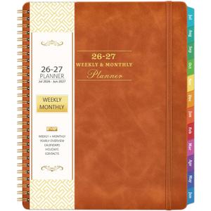 Planner 2026-2027 - July 2026 - June 2027, 2026-2027 Academic Weekly Monthly Planner, 8" x 10", Leather Brown Cover, Spiral Bound, Tabs
