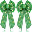 2 Pcs Large Dark Green Lighted Christmas Bows with Lights for Wreath and Tree Topper, 18x10 Inch Pre Lit Wreath Bow Light up for Christmas Decorations for Front Door Windows Outdoor Indoor
