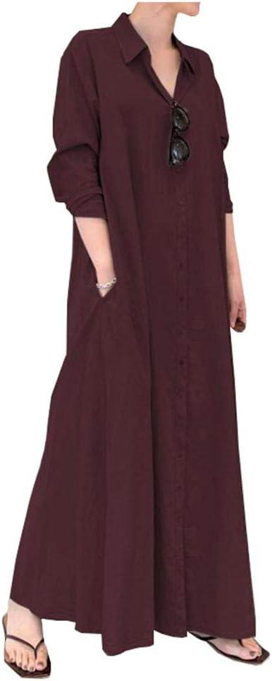 Ladyful Women's Button Down Cotton Linen Shirt Dress Long Sleeve Maxi Shirtdress Beach Summer Dress Pockets (Red)