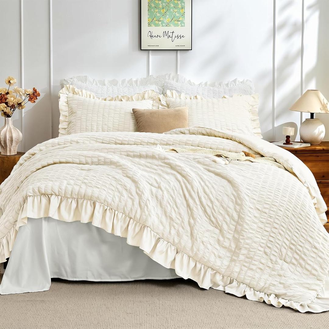 JOLLYVOGUE Ivory Twin Size Comforter Set, 2 Pieces Seersucker Lightweight Fluffy Bedding Set, Twin Ruffle Comforter, All Season Soft Microfiber Shabby Chic Bed Set