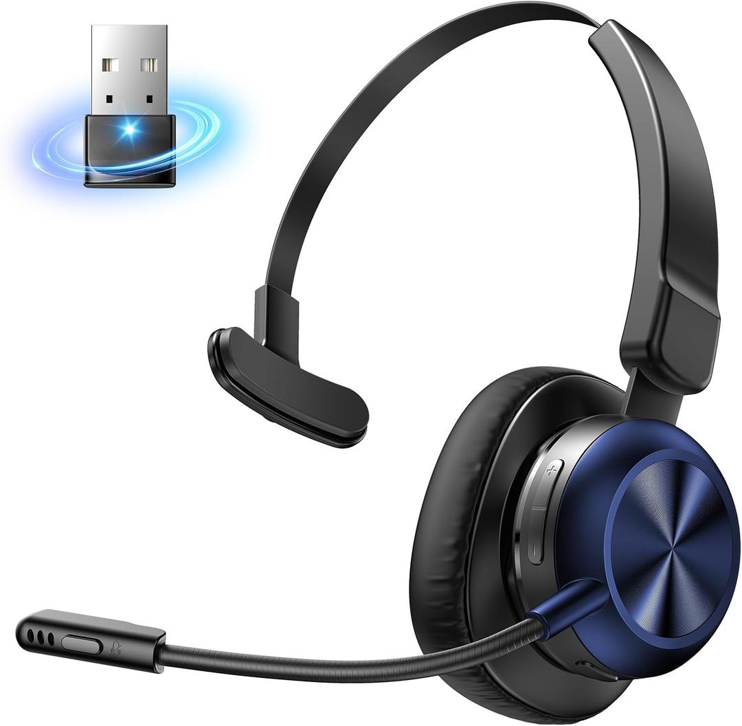 Bluetooth Headset with USB Dongle, Trucker Bluetooth Headset with AI Noise Cancelling Microphone & Mute Button, 50Hrs Single Ear Wireless Headphones for Truck Driver Phone Computer Office Work, Navy