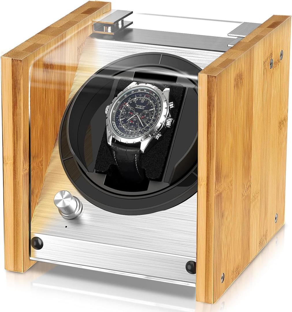 Watch Winder Smith Bamboo Single & Dual Watch Winder for Automatic Watches, Ultra-Quiet Japanese Motor with 12-OClock Stop, Fits 26mm-56mm Small to Oversized Timepieces, Ideal for Bedside & Office