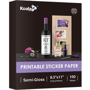 Koala Semi Glossy Sticker Paper for Inkjet & Laser Printer - 100 Sheets 8.5 x 11 Inch Printable Photo Sticker Paper, Work Well with Cutting Machine