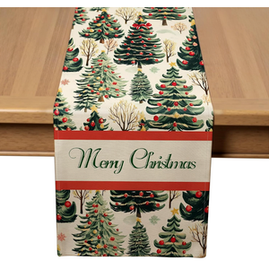 VIV CHERBL Christmas Table Runner with Snowy Forests, Merry Christmas Text & Snowflakes, Table Decoration for Dining Party and Home Decor, 48x13 inches