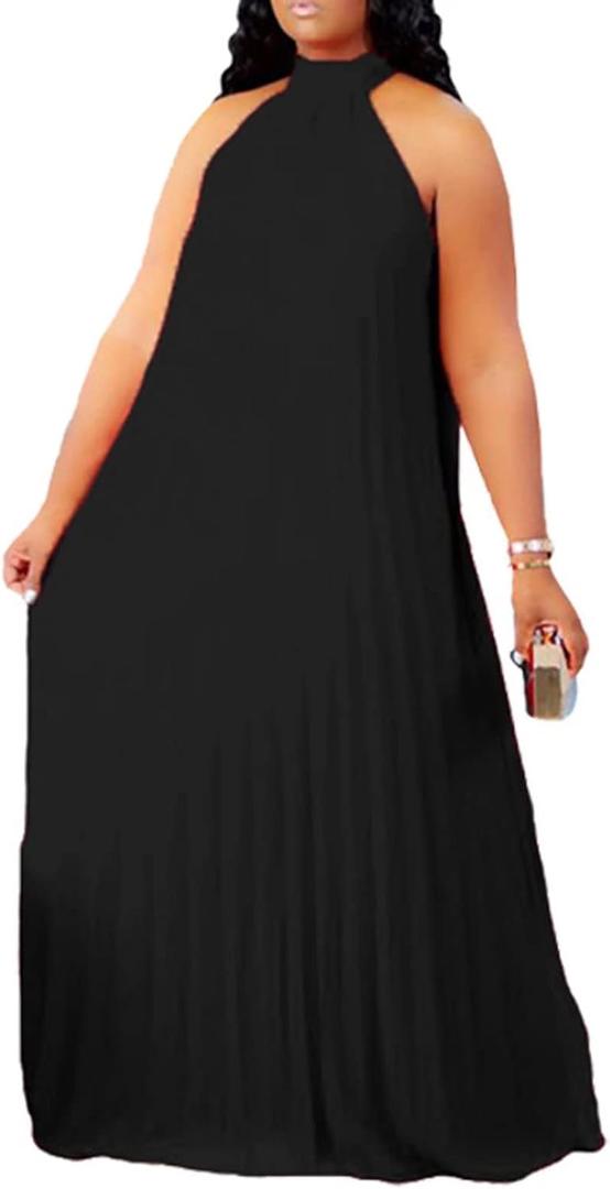 Aro Lora Womens Casual Sleeveless Plus Size Chiffon Halter Neck Pleated Loose Long Maxi Dress (5X-Large, Black)