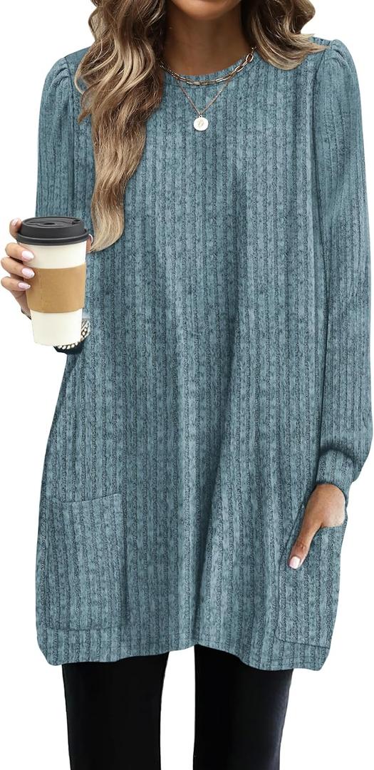OFEEFAN Long Sleeve Shirts for Women Long Sweaters with Pockets Tunic Tops Loose Fit (XX-Large, B Blue)